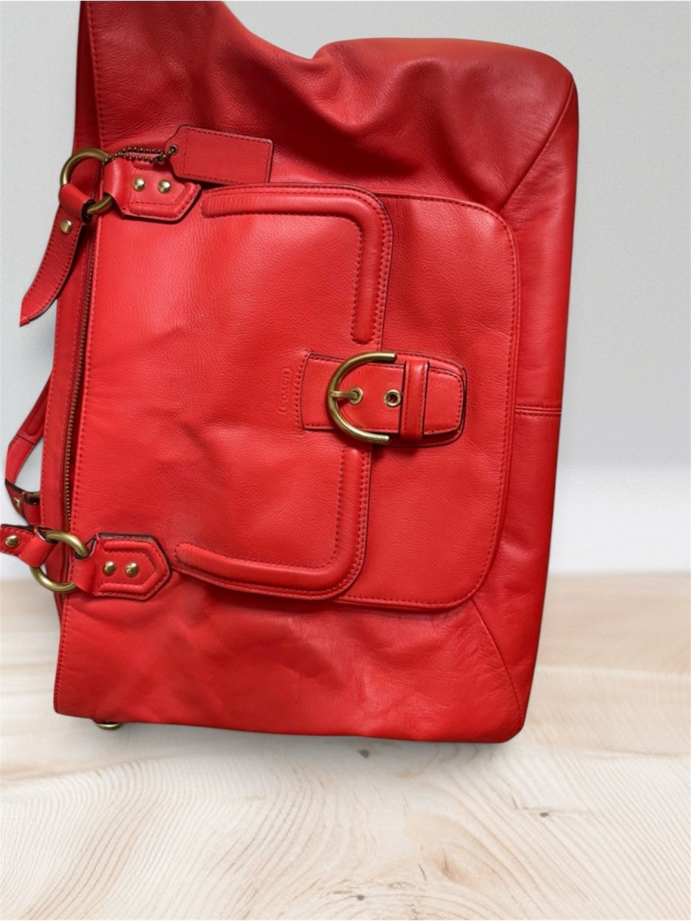 Coach Red Leather Shoulder Tote Bag with Front Buckle Pocket